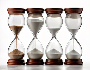 Four sand timers are lined up, each with a different amount of sand in them