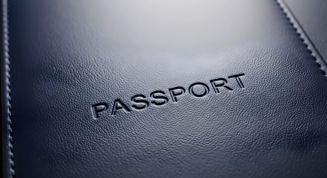 Dark blue passport cover, embossed lettering, travel document - Powered by Adobe