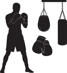 Silhouette Illustration of Boxer with Punching Bags and Gloves on Black Background for Sports and Fitness Concepts
