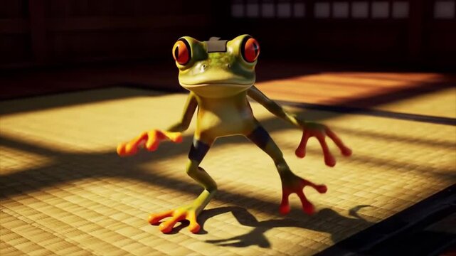 Funny Ninja Frog Dancing on Dojo Floor at Sunset - 3D Animation