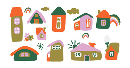beautiful cute houses set of different shapes. Perfect for wallpapers, greeting cards, fabrics, textiles, web designs. Hand-drawn. Vector.
