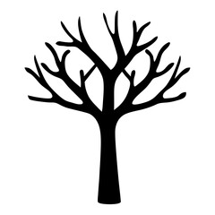 Silhouette of a bare tree with intricate branches and a stout trunk