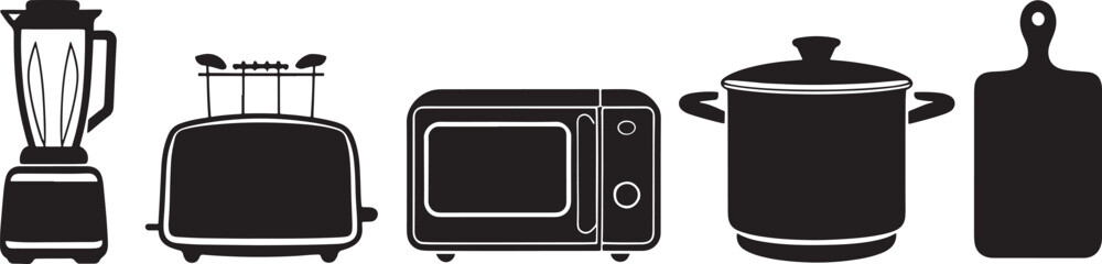 Silhouette Illustration of Kitchen Appliances on Black Background for Cooking and Food Preparation