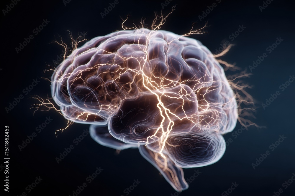 Aufkleber Animated Brain With Lightning Bolt Transitions to Calmness in a Serene Background