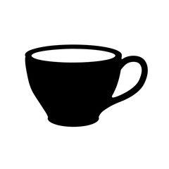Simple black silhouette of a coffee cup against a white background