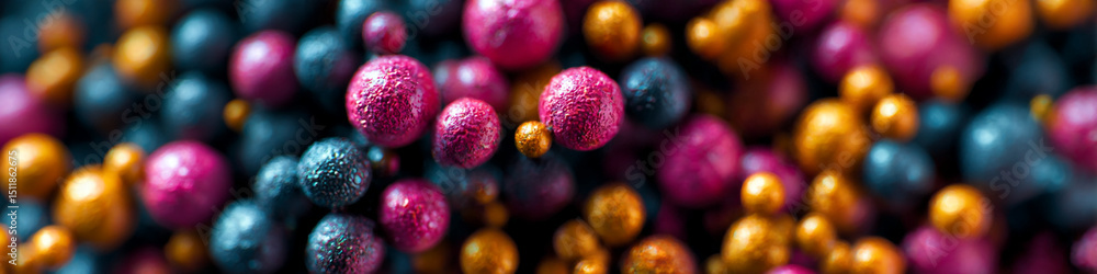 Poster a vibrant array of textured spheres in pink blue and gold creating a dynamic abstract composition