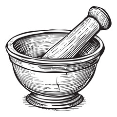 Vintage Mortar and Pestle Engraving Illustration for Apothecary and Herbal Medicine, Concept herbal shops, cooking schools