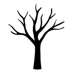Black and white silhouette image of a leafless tree against white background