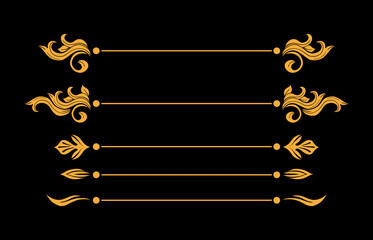 Gold Flourish Divider, Floral Scroll with Line Swirls Traditional Plant Ornaments in Baroque or Victorian Style, Golden Isolated Vector Royal Embellishment, Wedding Arrangements Set, Black Background