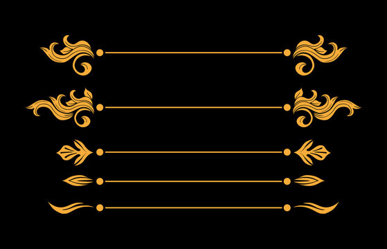 Gold Flourish Divider, Floral Scroll with Line Swirls Traditional Plant Ornaments in Baroque or Victorian Style, Golden Isolated Vector Royal Embellishment, Wedding Arrangements Set, Black Background