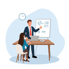 Flat vector illustration of business meeting. Man explaining data on board while woman takes notes. Perfect for teamwork, office, and corporate communication theme