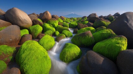Vibrant green moss-covered rocks and flowing water in a natural landscape scene