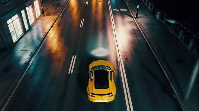 Aerial view of yellow car driving on wet city street at night time