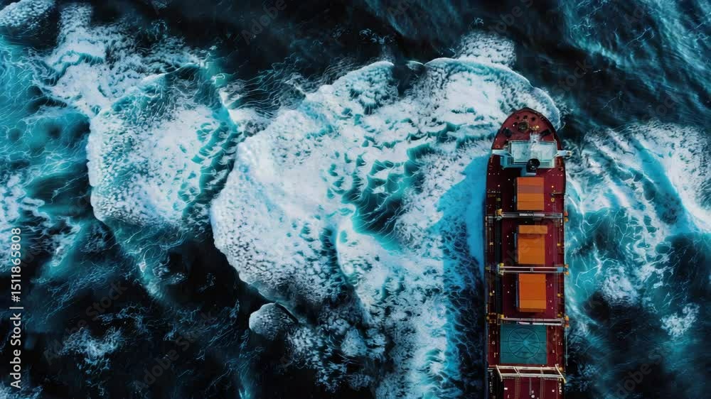 Poster aerial view captures a large container ship moving swiftly through frothy, turbulent ocean waves, sh