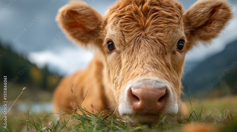 Poster a cow enjoys grazing in a vibrant green meadow surrounded by gentle hills. the sky is filled with so
