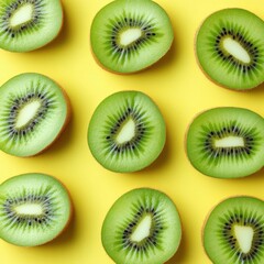 Fototapeta premium Fresh kiwi slices arranged in a symmetrical pattern on a vibrant yellow background. A close-up view showcases the green flesh and black seeds of each slice