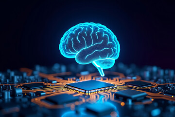 A Holographic Brain Suspended Above a Glowing Circuit Grid, Illustrating Neural Interfaces and the Rise of Synthetic Intelligence, AI-generated