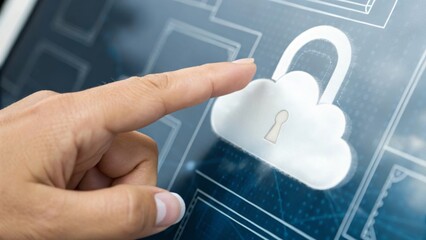 A hand touching a cloud icon with a lock, symbolizing digital security and data protection.