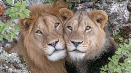 Two lions with expressive faces resting among trees in a natural setting