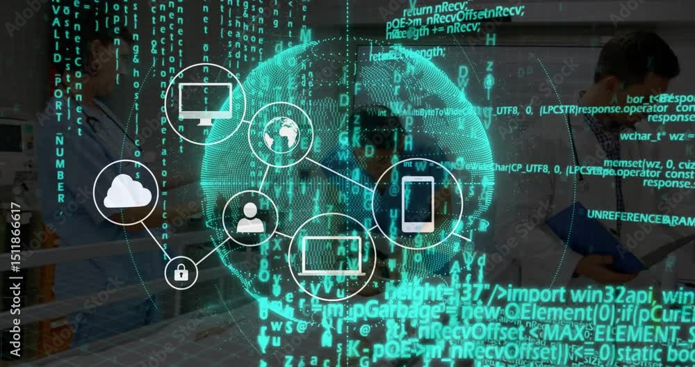Poster emerging globe linking cloud lock user avatar data device chat home icons securing health data