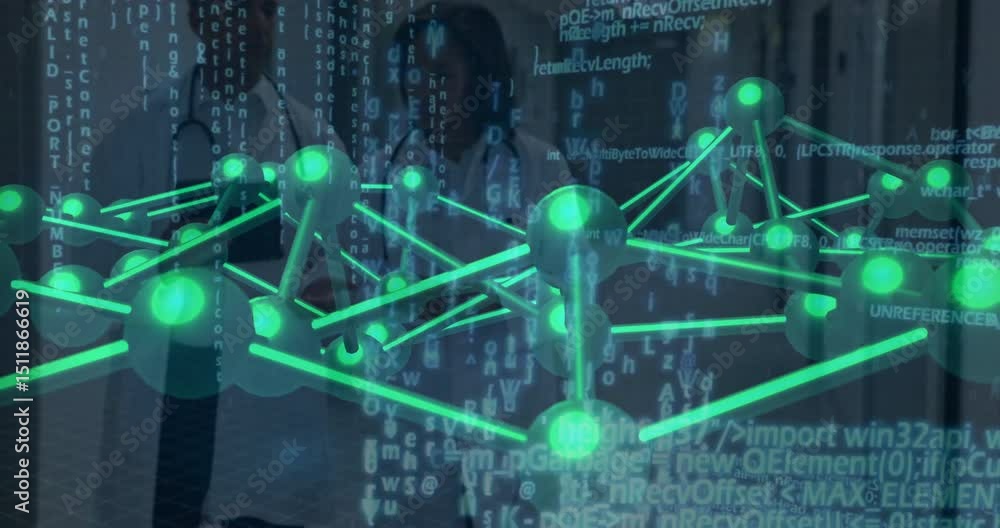 Poster two doctors walking corridor initiating green mesh overlay streaming code visualizing patient data