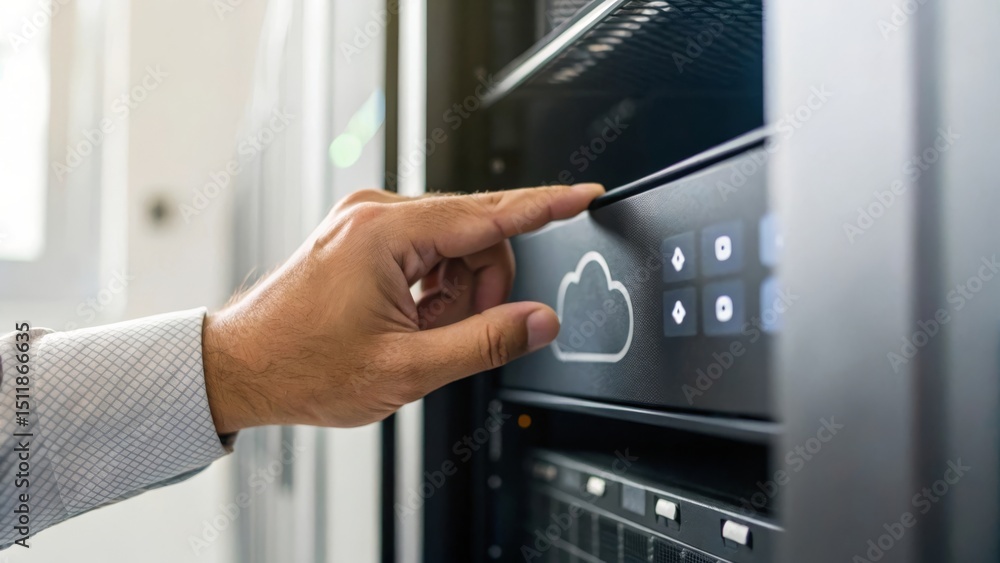 Poster hand adjusting a server in a data center with cloud storage symbol.