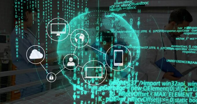 Emerging globe linking cloud lock user avatar data device chat home icons securing health data