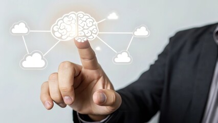 Interactive digital brain concept with cloud connections and a hand gesture.