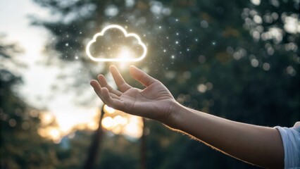 A hand holding a glowing cloud symbol with sunlight filtering through trees.
