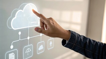 A hand interacts with a digital cloud interface on a touchscreen display.