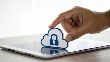 A hand places a cloud security icon on a tablet screen, symbolizing data protection.