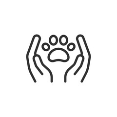 Hands holding paw, linear icon. Animal care, protection, and pet adoption. Line with editable stroke.