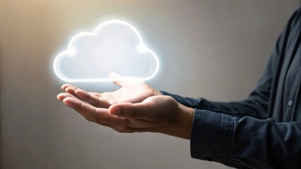A hand holds a glowing cloud symbol, representing cloud computing and digital storage.