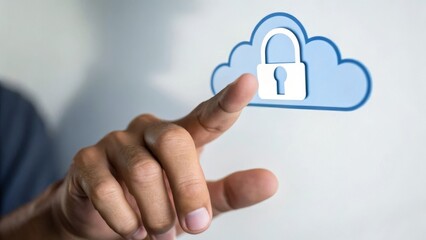 Cloud security concept with a hand interacting with a locked cloud icon.
