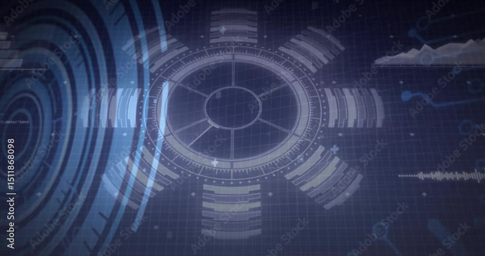 Poster on grid activation central hud interface pulsing and rotating while code scrolling for data insight
