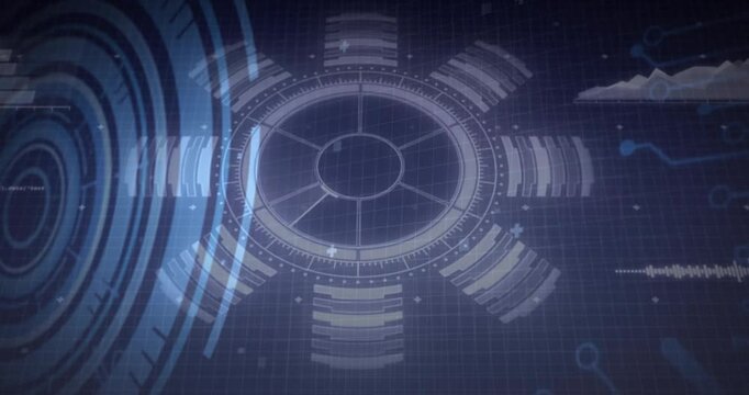 On grid activation central HUD interface pulsing and rotating while code scrolling for data insight
