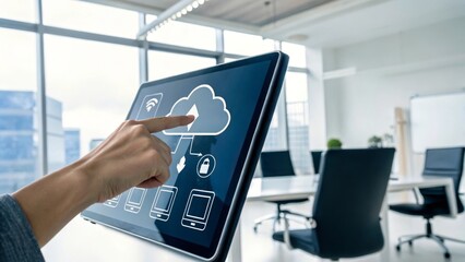 Digital interface showing cloud technology in a modern office setting.