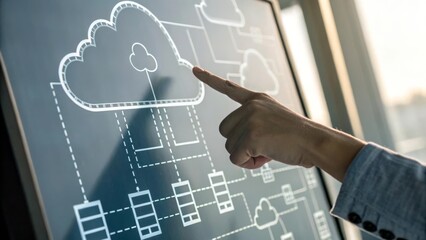 User interacting with a touchscreen displaying cloud technology visuals.