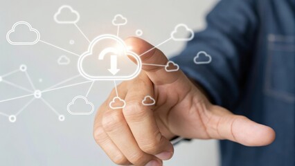 A hand pointing at a cloud symbol representing digital data upload and technology.