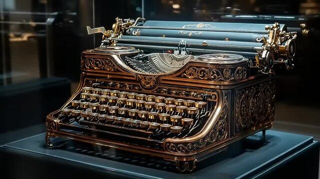 Antique typewriter displayed in a museum showcase