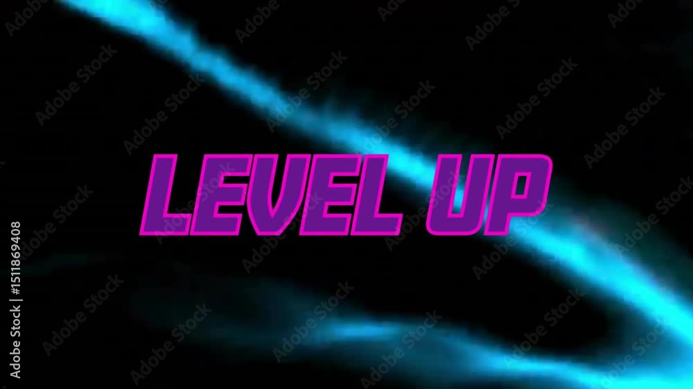Poster sweeping cyan beam initiating magenta level up text stacking forward in 3d, reinforcing energy