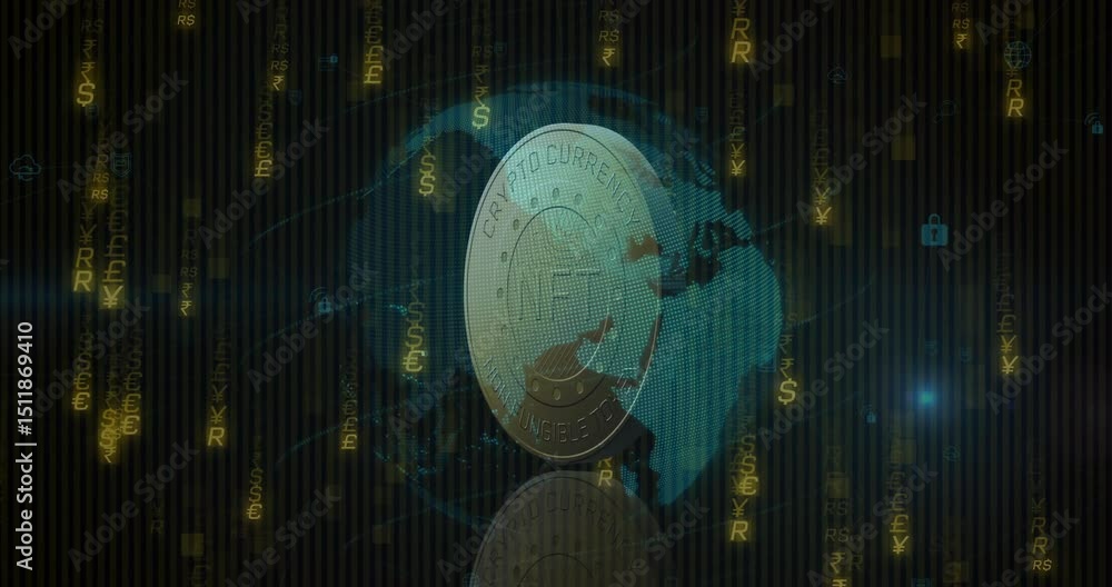 Poster on start crypto coin rotating with globe, descending currency symbols, visualizing global finance