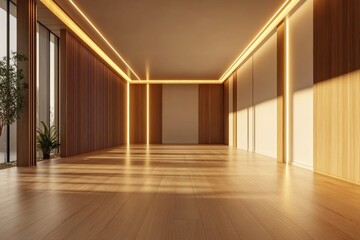 Empty modern minimalist interior. Sunlight streams through large windows