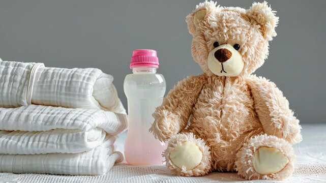 A teddy bear sits next to a baby bottle and stacked diapers in a cozy setting, creating a warm and inviting atmosphere