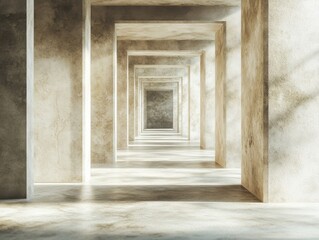 Empty, sunlit concrete corridor