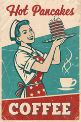 Hot Pancakes and Coffee Diner Vintage Poster. menu for restaurant