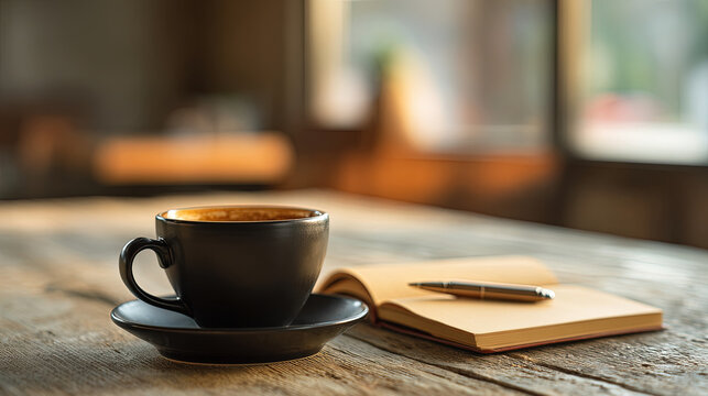 Close-up of steaming coffee mug on wooden table near laptop and green plant, morning sunlight, cozy calm workspace, no people