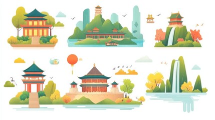 Chinese style, oriental ancient architectural complex design illustration
