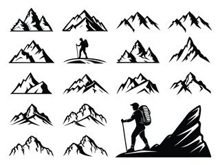 Mountain Icon Set – Vector Peaks, Landscapes & Nature Symbols in Various Styles