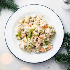 Traditional Russian salad with ham